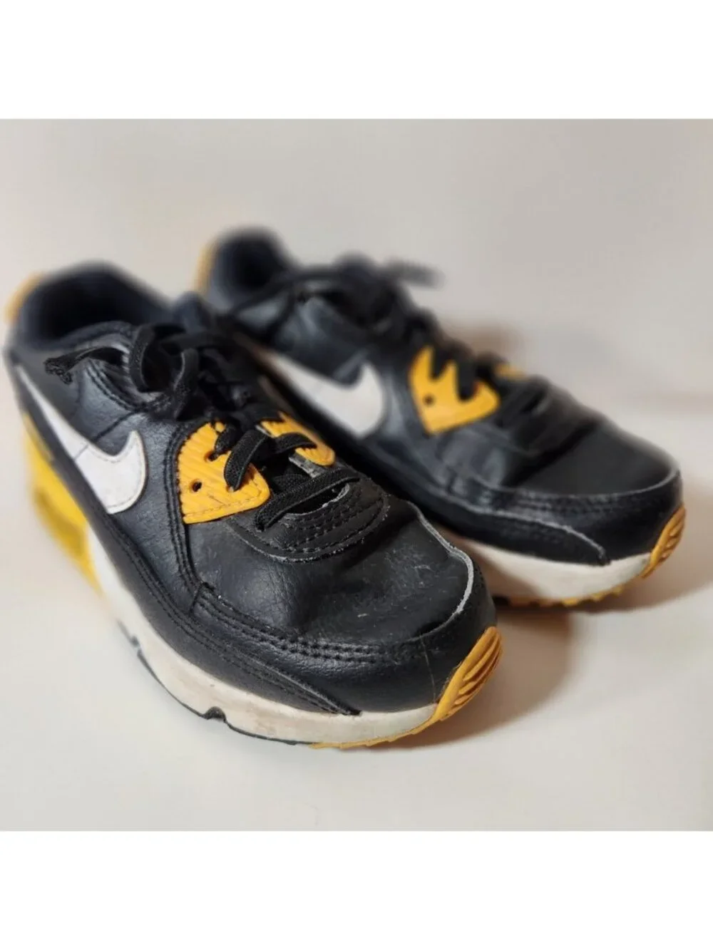 Nike Air Max 90 Toddler Sneakers Black Yellow‎ White Leather Low Top Shoes 11C